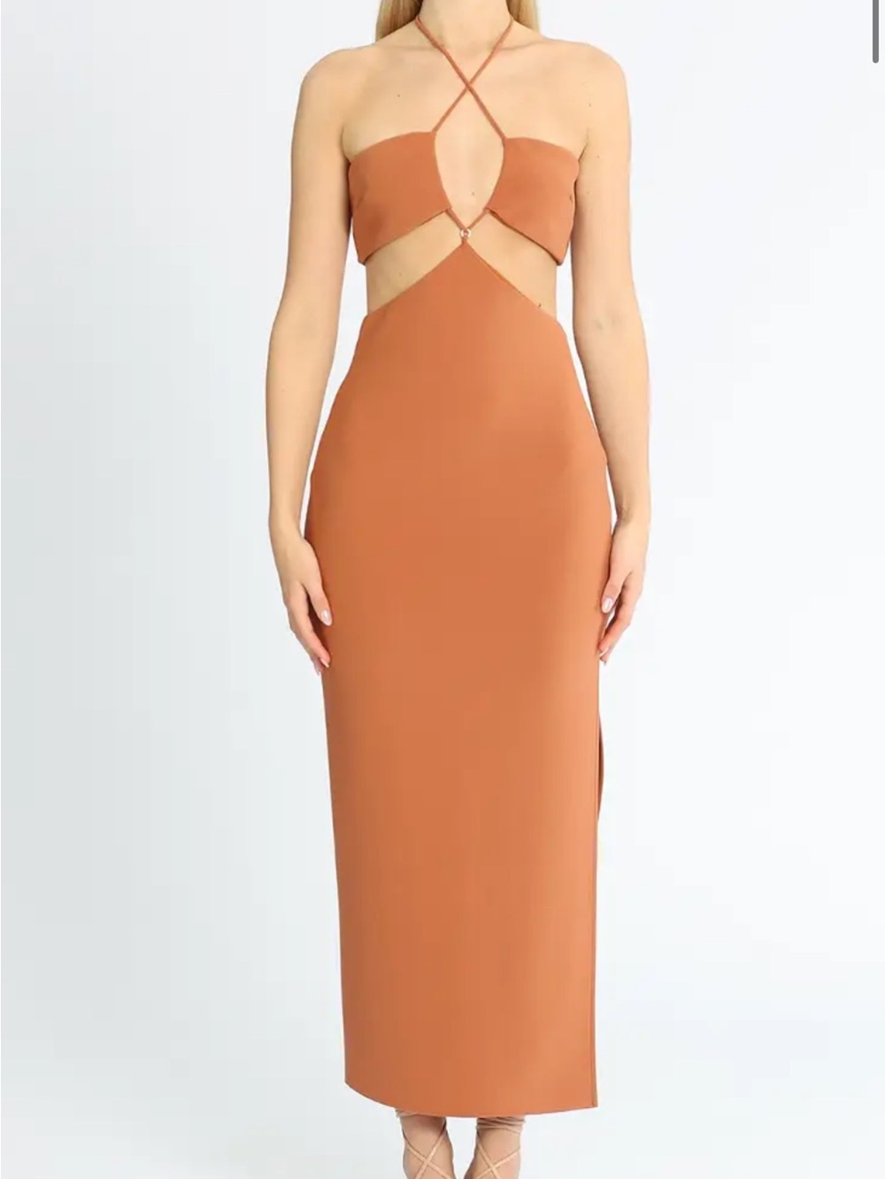 bec + bridge Terracotta Twist Cutout Halter Maxi Dress